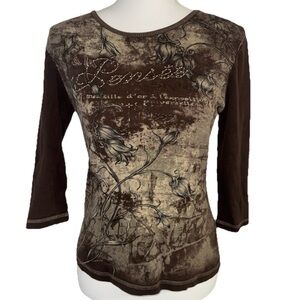 Blue Canyon Women’s Brown Paris Graphic 3/4 Sleeve Top Medium Y2K Cotton